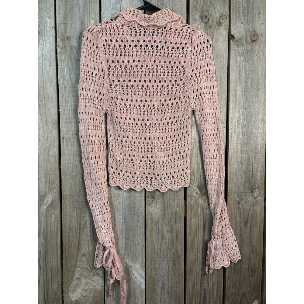 Free People Crochet Knit Button Front Collared Top Pink XS Boho Y2K Sweater - Picture 6 of 6